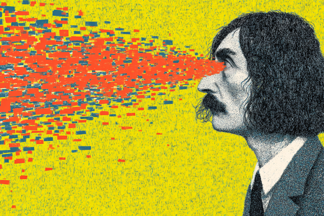 Surreal portrait of René Descartes with geometric beams of light projecting from his eyes, symbolizing rational thought and the emergence of the modern subject.