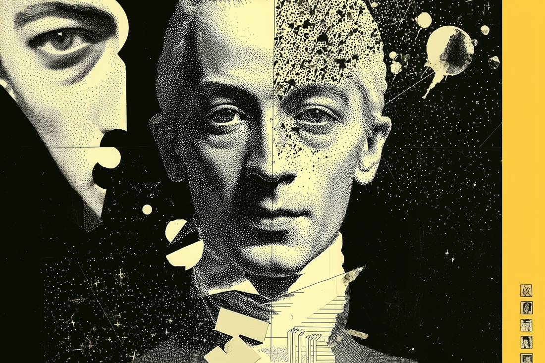 Stylized portrait of Immanuel Kant split into fragmented, cosmic layers, symbolizing reason, moral autonomy, and the transcendental structure of the mind.