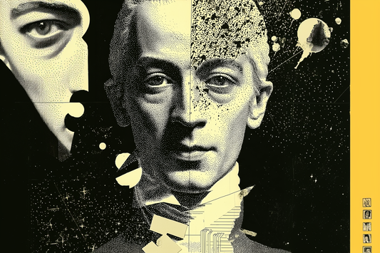 Stylized portrait of Immanuel Kant split into fragmented, cosmic layers, symbolizing reason, moral autonomy, and the transcendental structure of the mind.