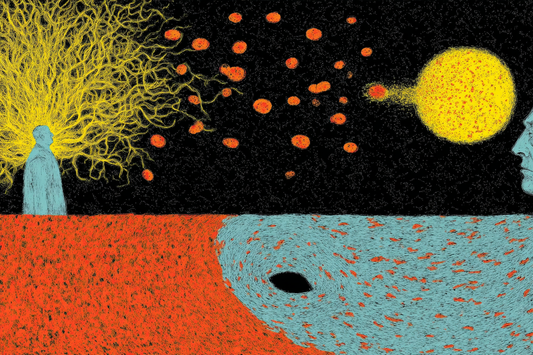 Two human figures stand beneath cosmic orbits and a swirling void — symbolizing the dissolution of the subject and the tension between self and reality.