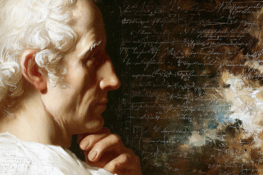 Side portrait of an Enlightenment philosopher in deep contemplation, illuminated softly against a dark background filled with handwritten formulas and abstract brushstrokes.