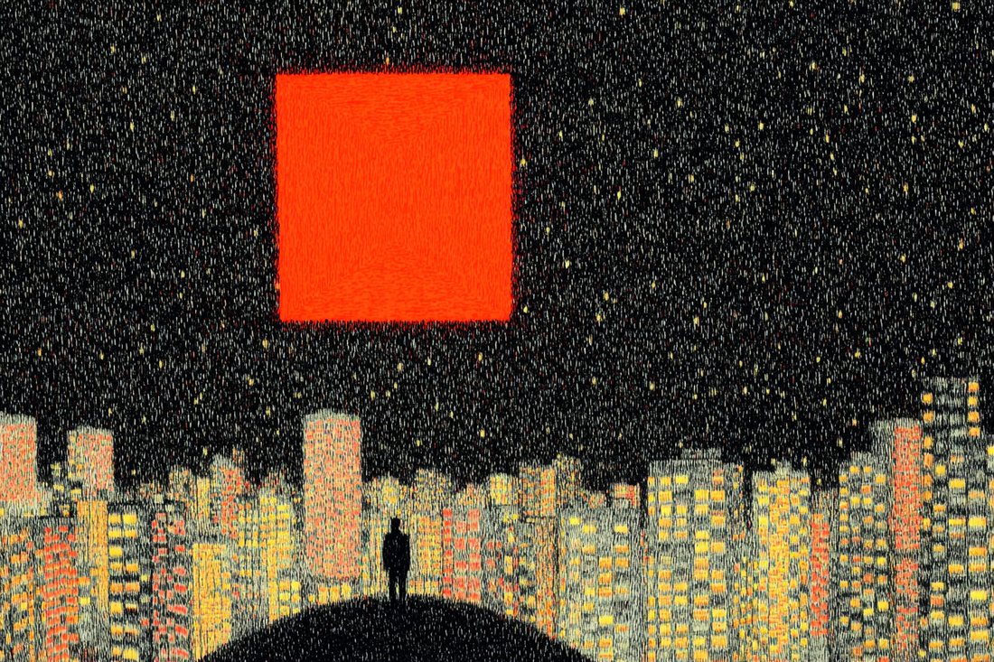 A lone figure stands before a glowing red square above a city skyline — a surreal image symbolizing the death of the subject in art.