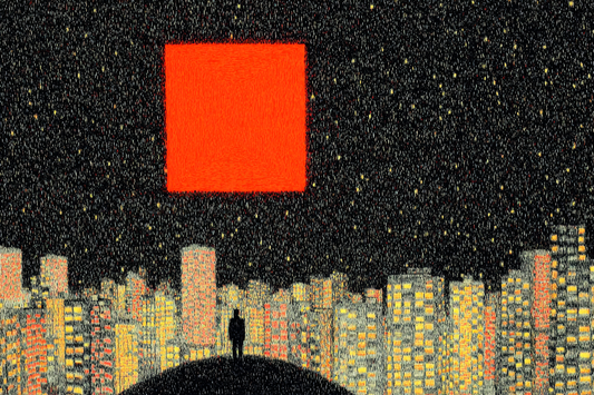 A lone figure stands before a glowing red square above a city skyline — a surreal image symbolizing the death of the subject in art.