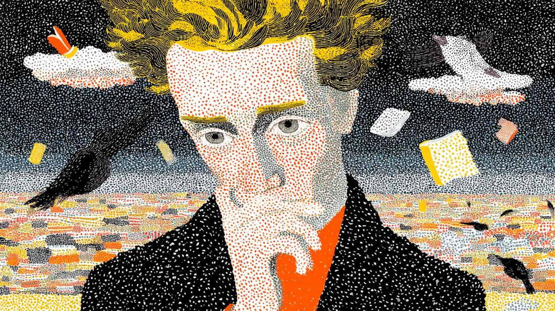 A colorful pointillist-style illustration of Søren Kierkegaard with yellow hair, a pensive expression, and his hand near his mouth. Birds, clouds, and scattered floating books surround him against a dotted night sky.